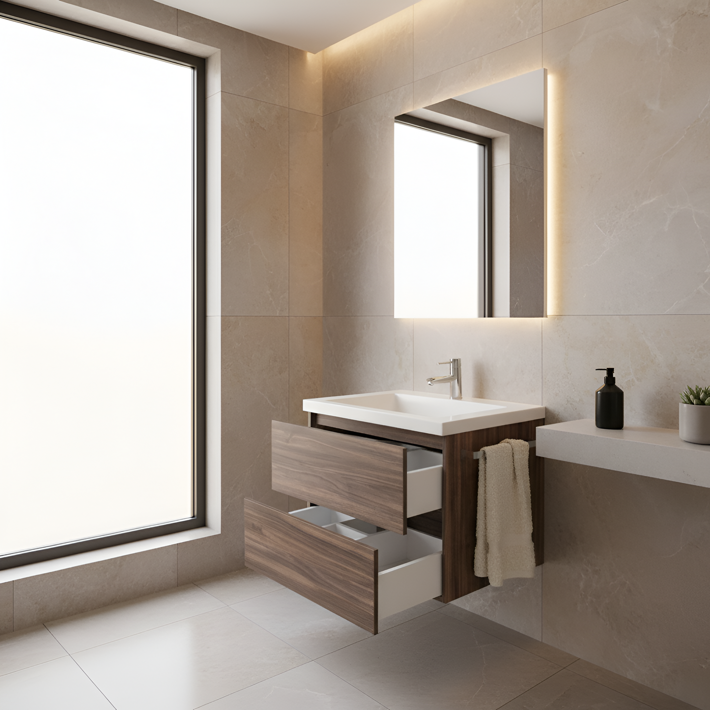 Dark Walnut - White Cultured Marble Ramp Sink (25" x W x 19" D x 20" H)