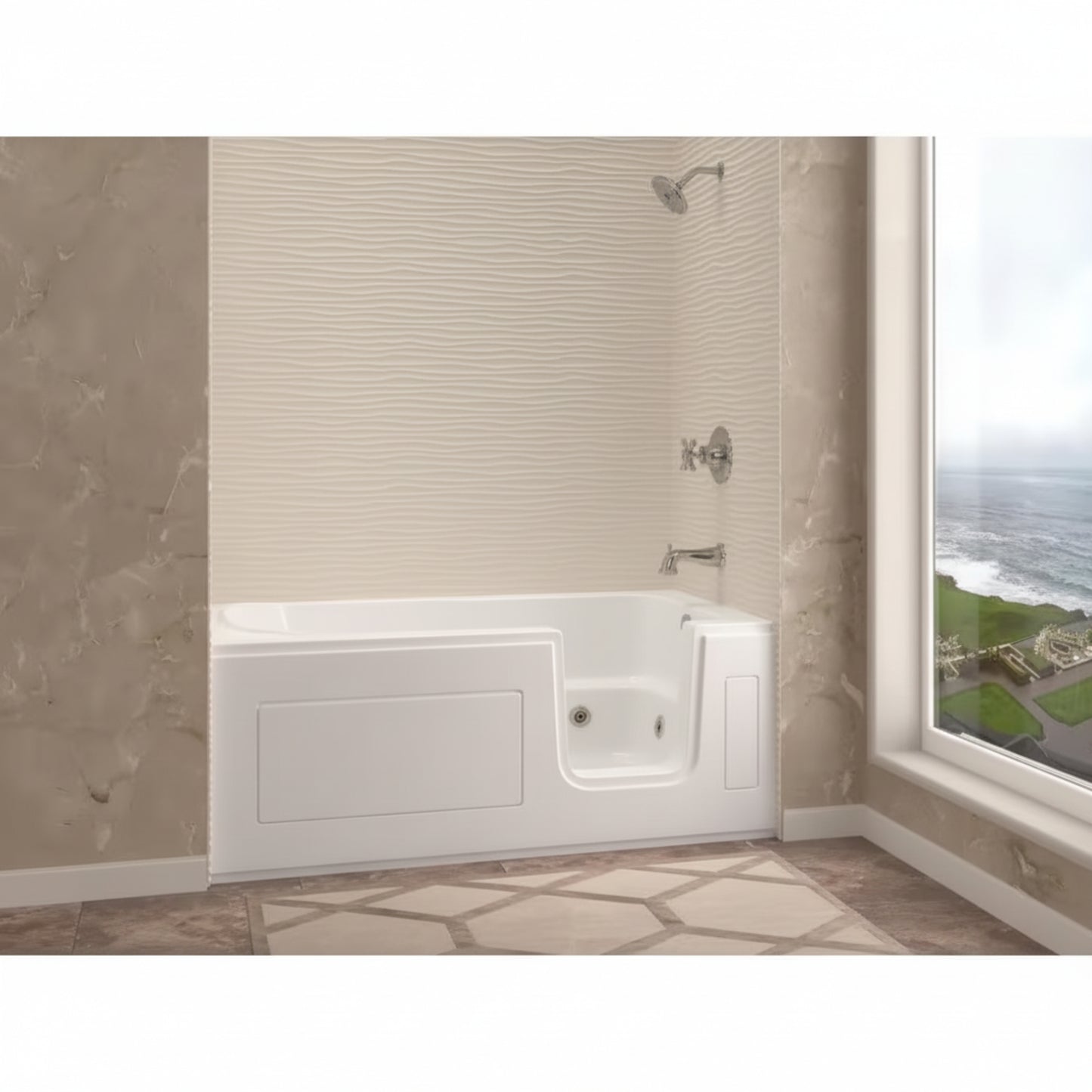 Universal Collection 30 In. L X 59 In. W Right Side Drain Soaking Bathtub in White with Fast Filling Faucet Set