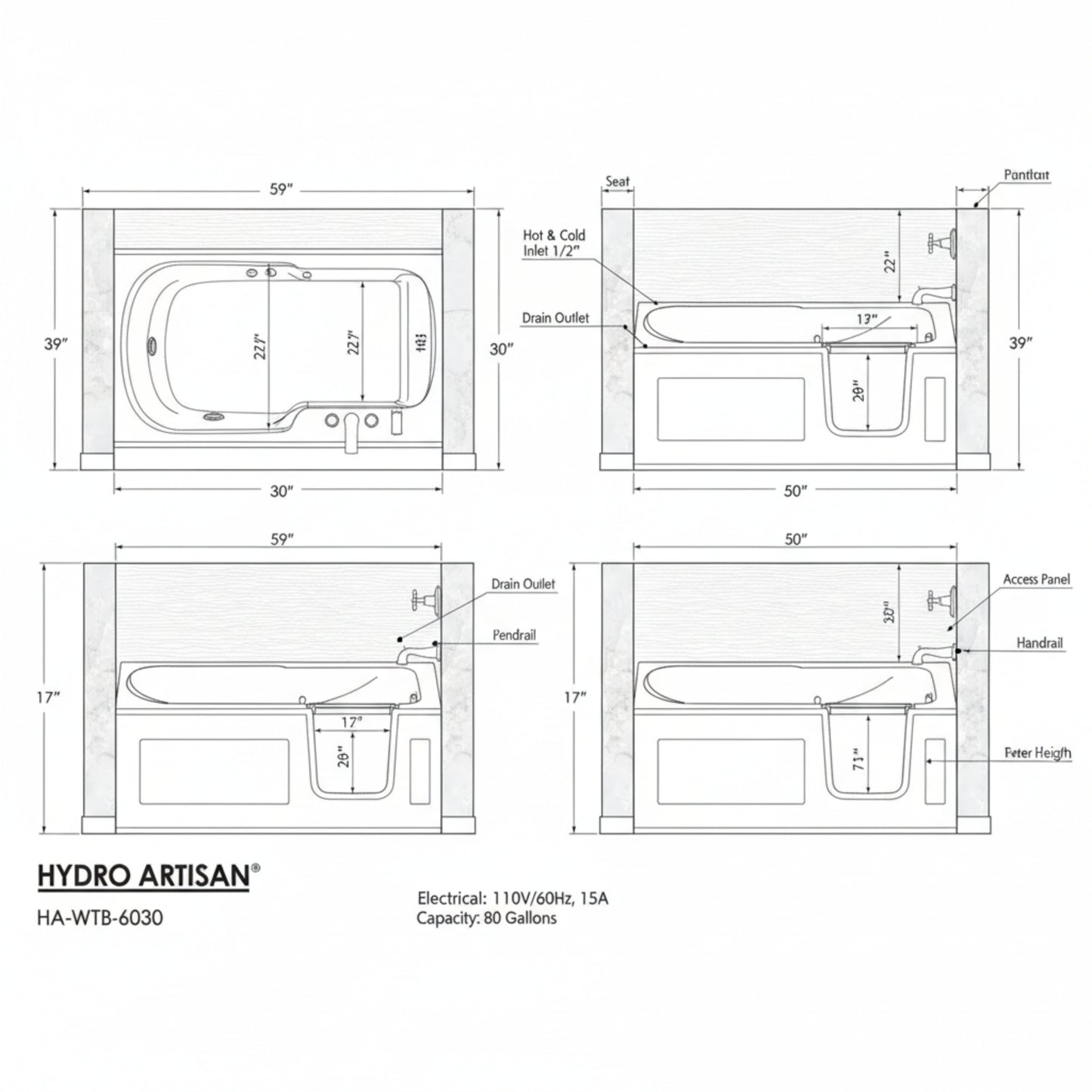 Universal Collection 30 In. L X 59 In. W Right Side Drain Soaking Bathtub in White with Fast Filling Faucet Set