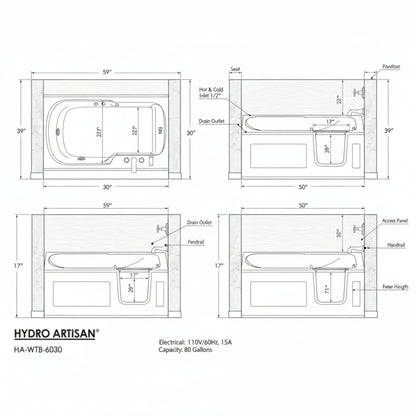 Universal Collection 30 In. L X 59 In. W Right Side Drain Soaking Bathtub in White with Fast Filling Faucet Set
